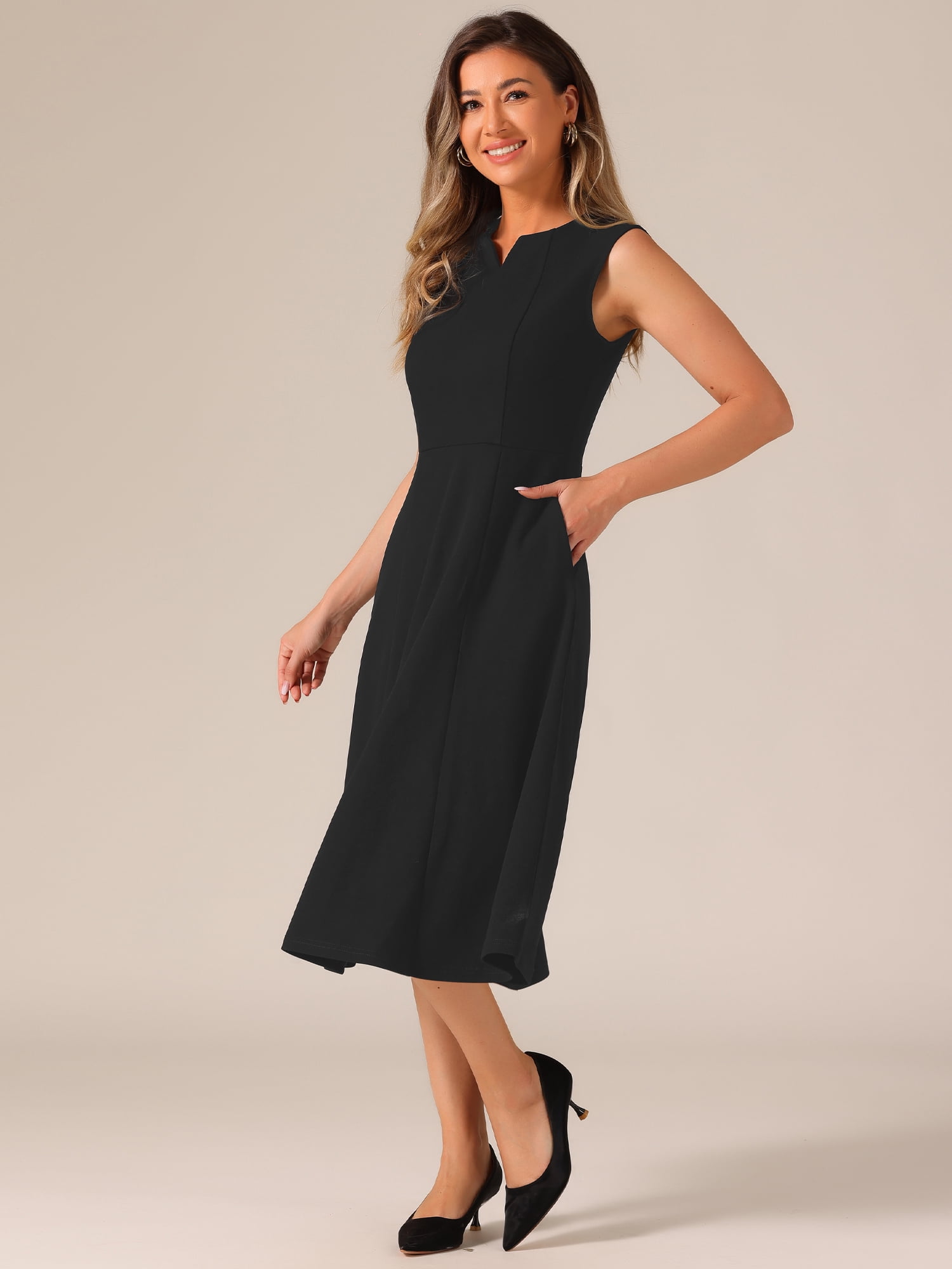 DARING DIVA Notch V Neck A-Line Office Dress S Black