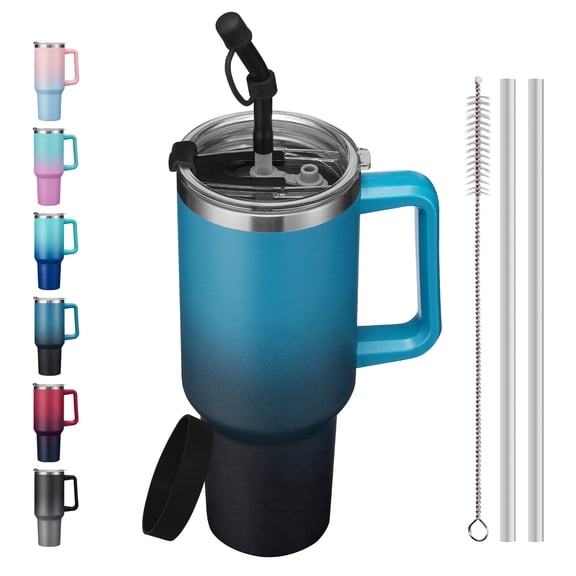 SUNSOC 40oz Stainless Steel Tumbler – Double-Wall Insulated Travel Mug with Straw and Handle, iced coffee cup, Leakproof
