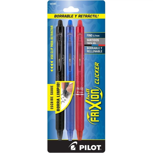 Bolígrafos Borrables Pilot Frixion Clicker Colores Surtidos, Blíster con 3 Piezas