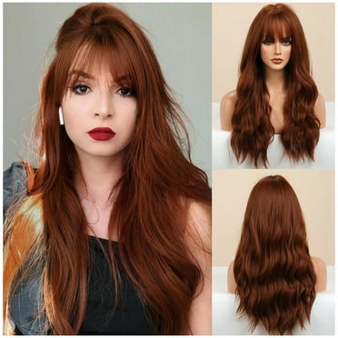 BERON Red Brown Wigs Long Wavy Women Wigs with Bangs Auburn Curly Heat Resistant Synthetic Wigs for Daily Wigs Wig Cap Included
