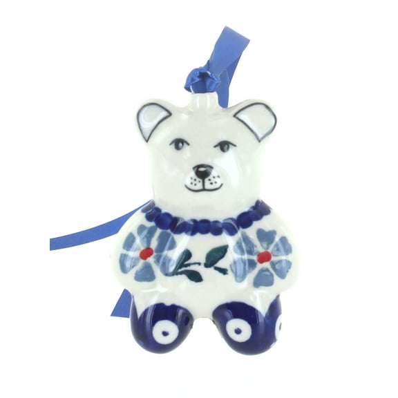 Blue Rose Polish Pottery Blue Violet Teddy Bear Ornament