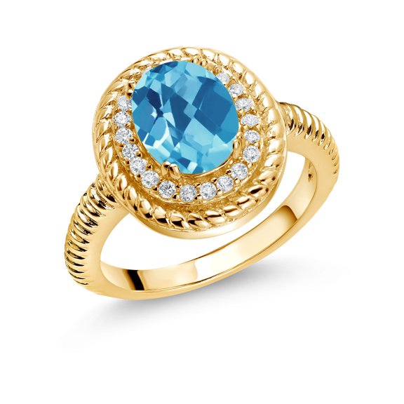 Gem Stone King 2.51 Ct Oval Checkerboard Swiss Blue Topaz 18K Yellow Gold Plated Silver Halo Engagement Ring (Size 6)