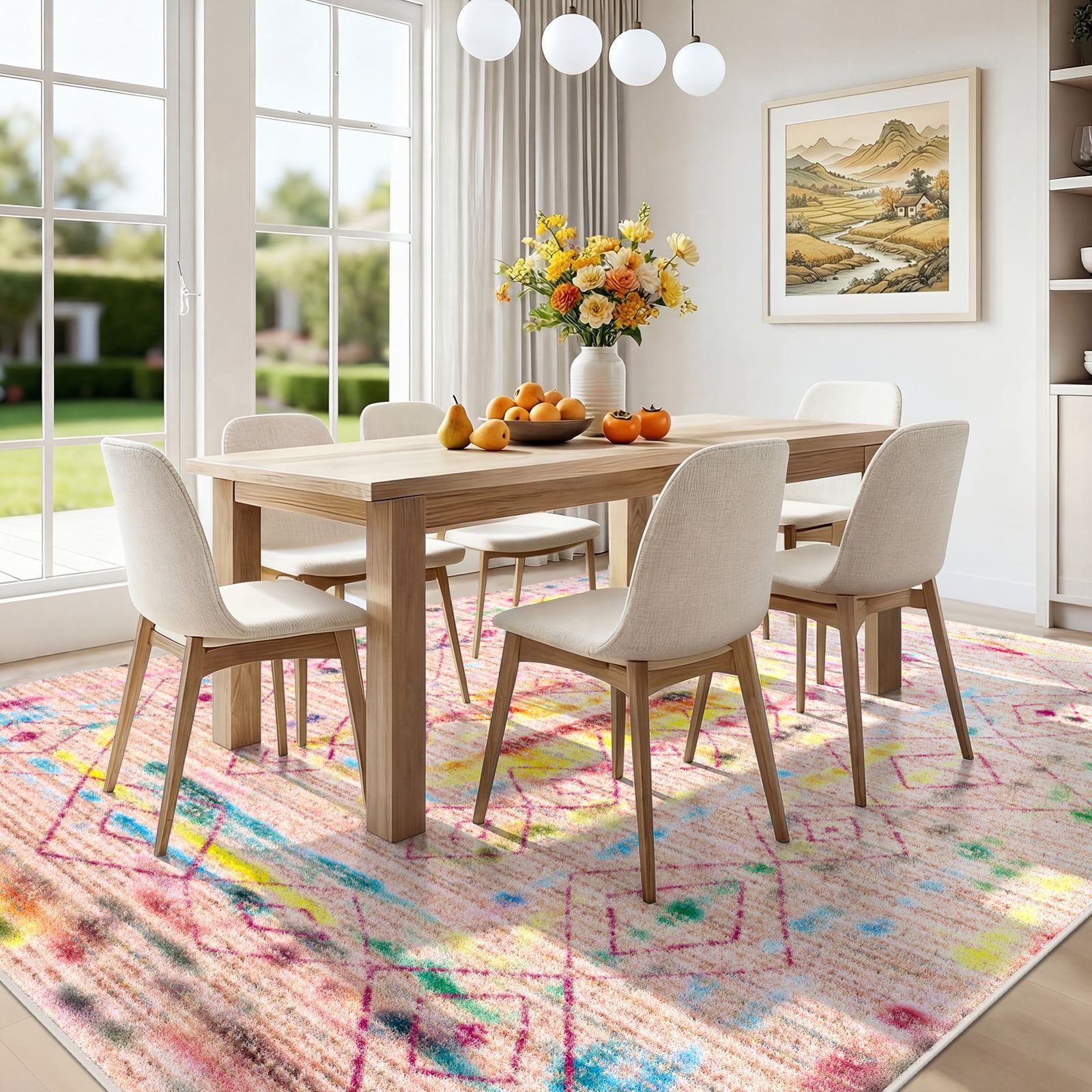 Washable Area Rug for Living Room, 8'x10' Bohemian Aztec Non-Slip indoor Rug, Soft Low Pile & Stain Resistant Polyester Geometric Carpet for Bedroom, Dinning Room, Kids Playroom, Girls' Bedroom
