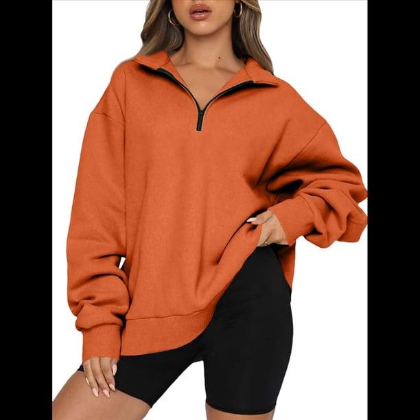 Sudadera de Entrenamiento de con Media Cremallera para Mujer, de Gran Tamaño, de Larga, Color Liso, con Hombros Caídos. Naranja Rojo S