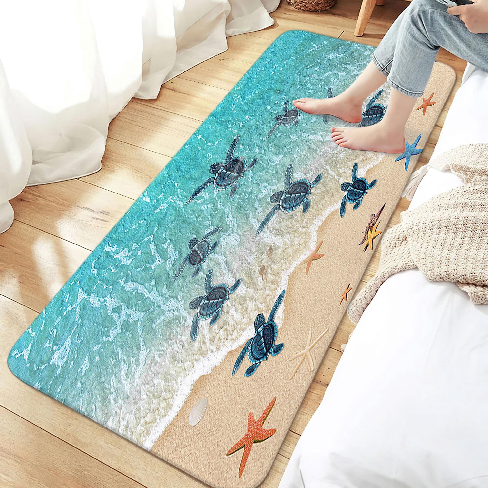 Kids Beach Theme Bath Mat – Starfish & Seashell 3D Print, Super Absorbent & Non-Slip, 20x32 Inch