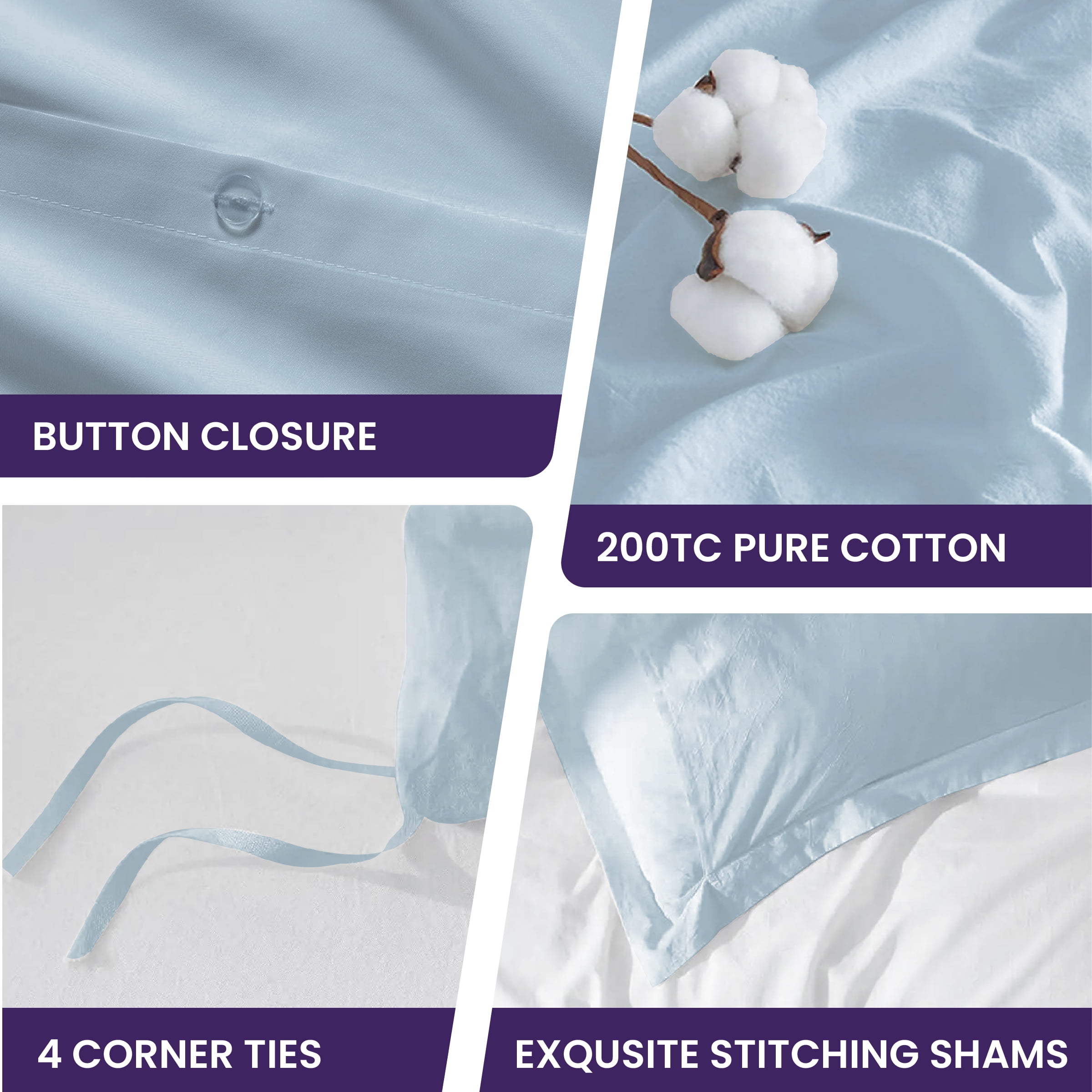 Ensemble de housse de couette 100 % coton Beddora – Respirant pour toutes les saisons – Cordons d’attache aux coins et fermeture à boutons – Formats Queen et King