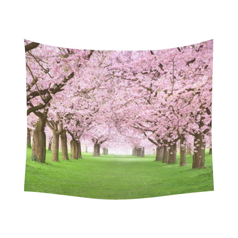 GCKG Green Lawn Large Tree Road Japanese Pink Cherry Blossom Tapestry