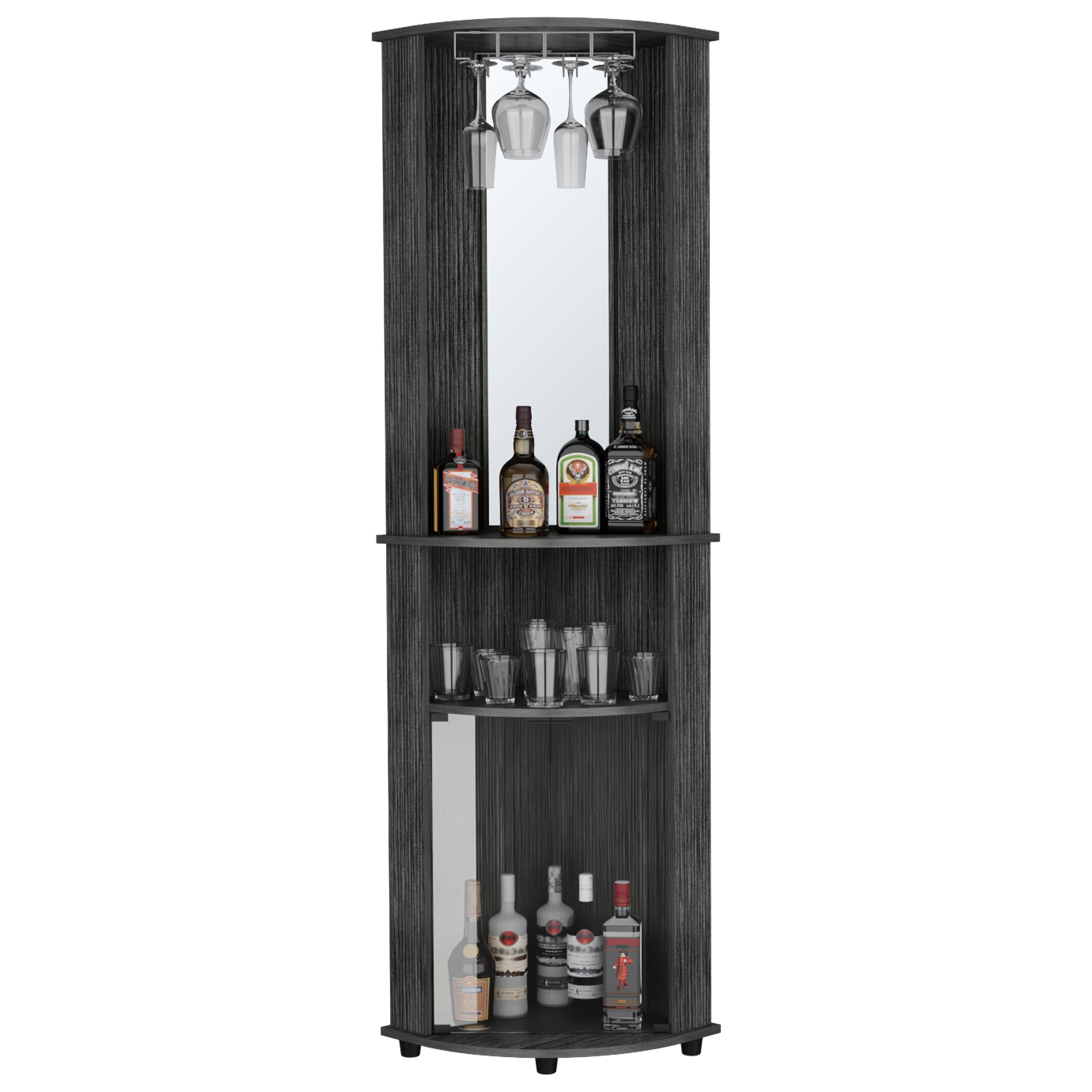 Living Room Corner Bar Cabinet , Oak Style, 3 Shelves, Space Saving Piece, 73.95" H X 17.61" W D, Ready To Build, Gray, Engineered Wood Space-saving Construct,