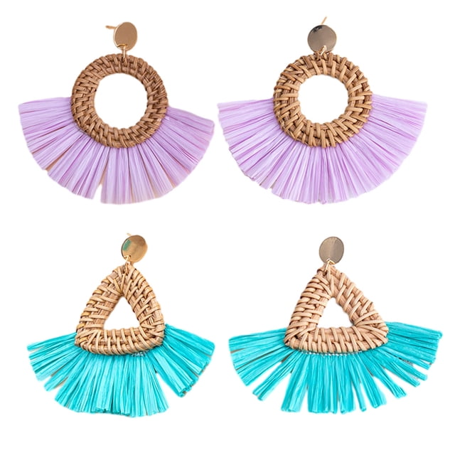 2 pares de pendientes de ratán, pendientes bohemios trenzados con borlas geométricas ligeras, pendientes trenzados de hierba hechos a mano para mujer