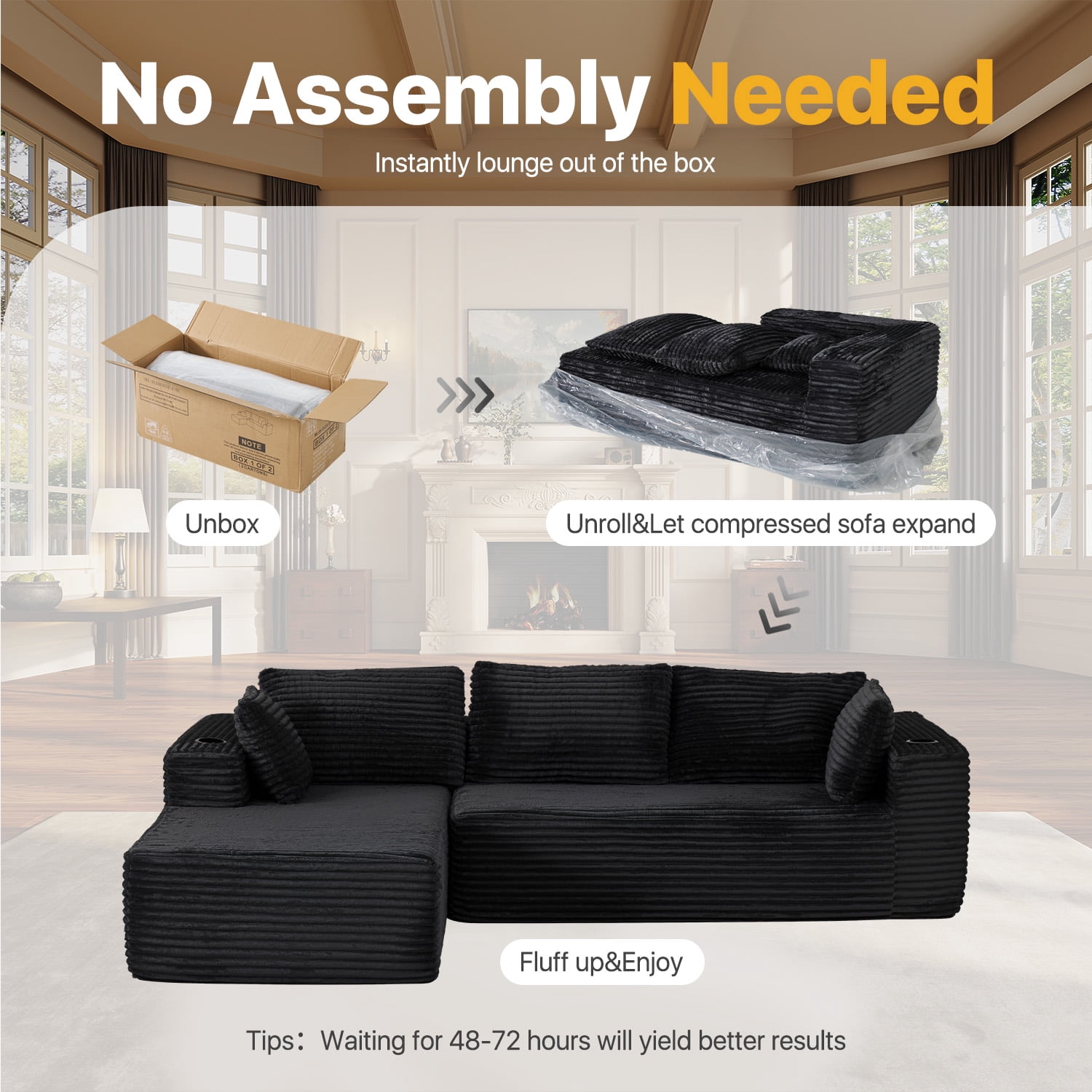 BaPiPro 105.5" L-Shaped Boneless Corduroy Cloud Sofa, Deep Chaise w/ Cup Holders & Wide Arms, Detachable Washable Cover, No Assembly Floor Couch for Living Room & Apt, Black