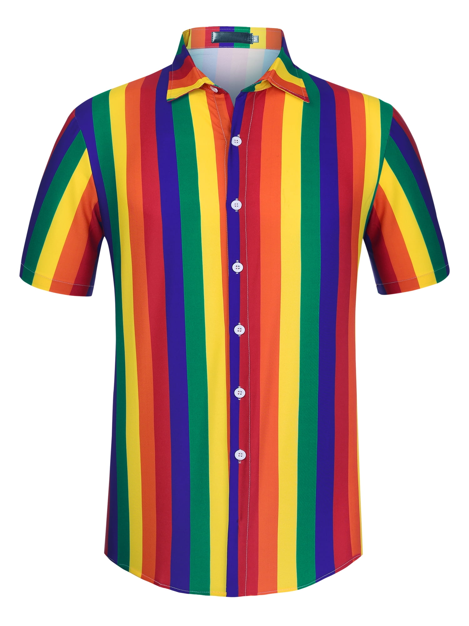 Unique Bargains Men's Summer Striped Shirt Short Sleeve Button Down Beach Shirts S Rainbow Yellow