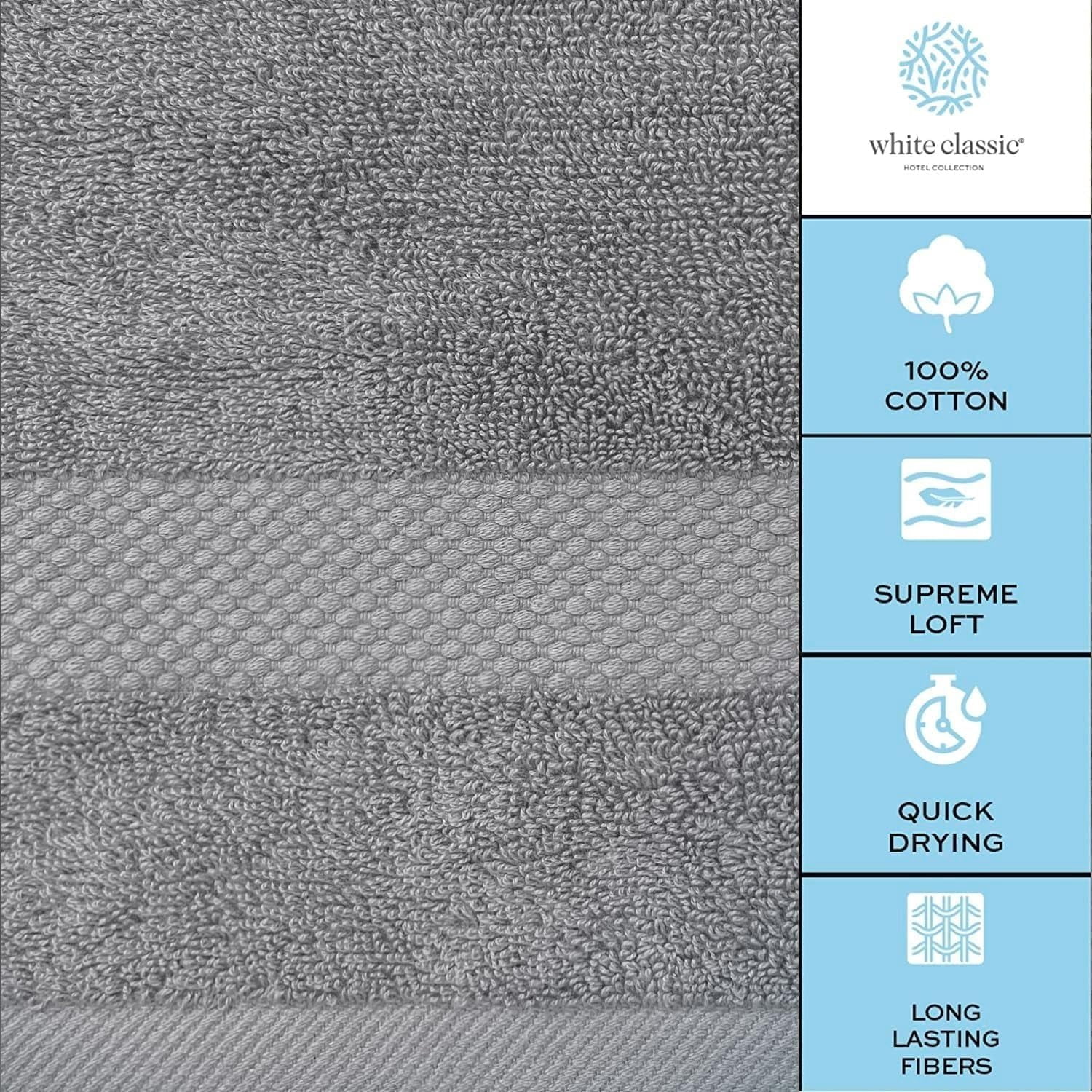 General Luxury Light Gray Hand Towels - Soft 100% Turkish Cotton | Highly Absorbent Hotel spa Bathroom Towel Collection | 16x30 Inch | Set of 6