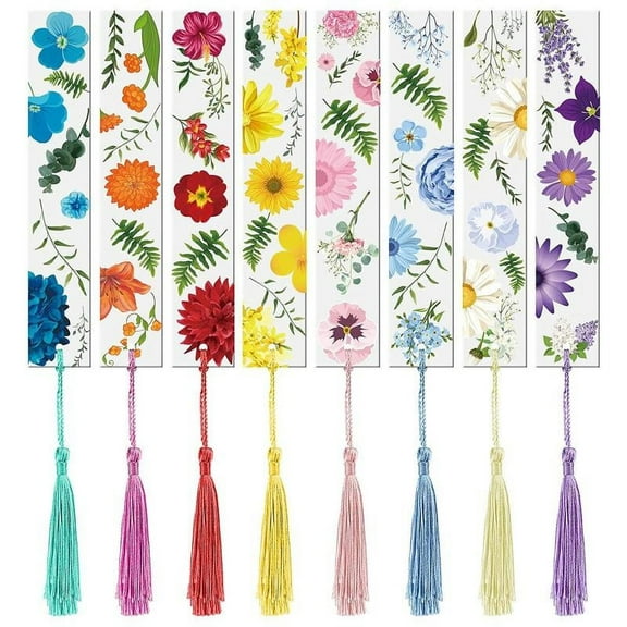MANNYA Artisitc Flower Bookmarks Acrylic Transparent Floral Page Marker with Tassels for Back-to-School Graduation Present 8pcs