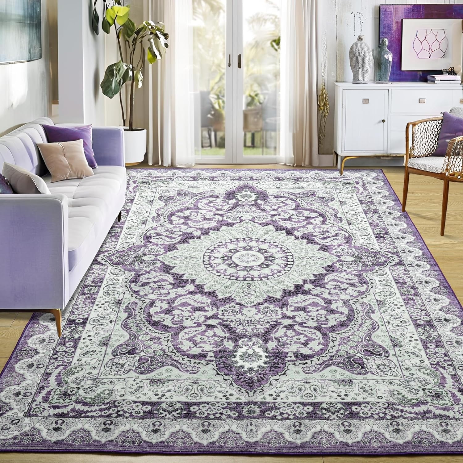 Noahas 5x7 Area Rugs for Living Room, Machine Washable Vintage Rug, Non-Slip Low Pile Throw Rugs with Rubber Backing Washable Carpet for Bedroom Dining Room Kitchen Home Decor, Purple