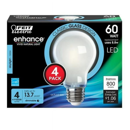 Feit Electric Enhance LED 8.8 W (60 W Equivalent) Daylight Light Bulbs, A19 Med E26 Base, Dim (4 Pk)