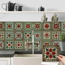 24Pcs Self Adhesive Waterproof Tiles Wall Stickers Decals 6 x 6in DIY Decor Green and Red Flower Vinyl Peel and Stick Tile Kitchen Backsplash