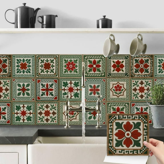 24Pcs Self Adhesive Waterproof Tiles Wall Stickers Decals 6 x 6in DIY Decor Green and Red Flower Vinyl Peel and Stick Tile Kitchen Backsplash