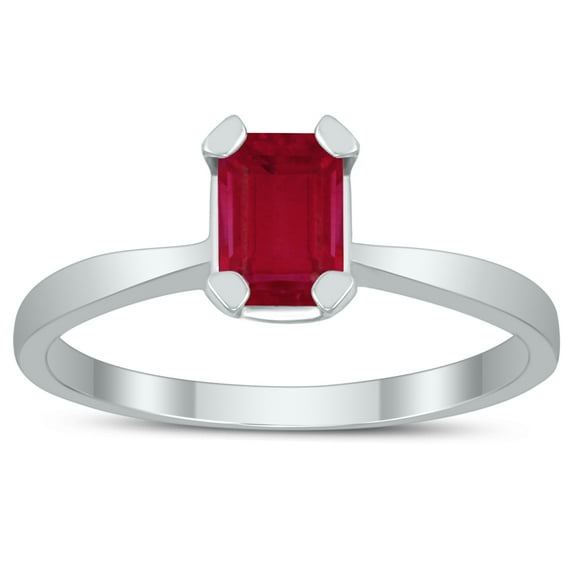 SZUL Women's Emerald Shaped 6X4MM Ruby Solitaire Ring in 10K White Gold