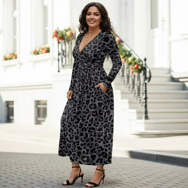 grey leopard shirt dress Fkelyi Black Grey Leopard Print Long Sleeve Maxi Dress for Women V-Neck Soft Casual Dress Flowy A-Line Dresses with Side Pockets for Party Wedding,