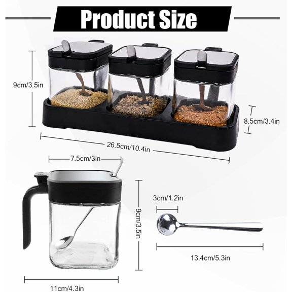 AHGLOP-3 Pcs Condiment Jar Spice Container with Lids and Spoons, Clear Glass Salt and Sugar Container Sets, Square Condiment Canisters Pots Seasoning Box for Kitchen Countertop (Black)