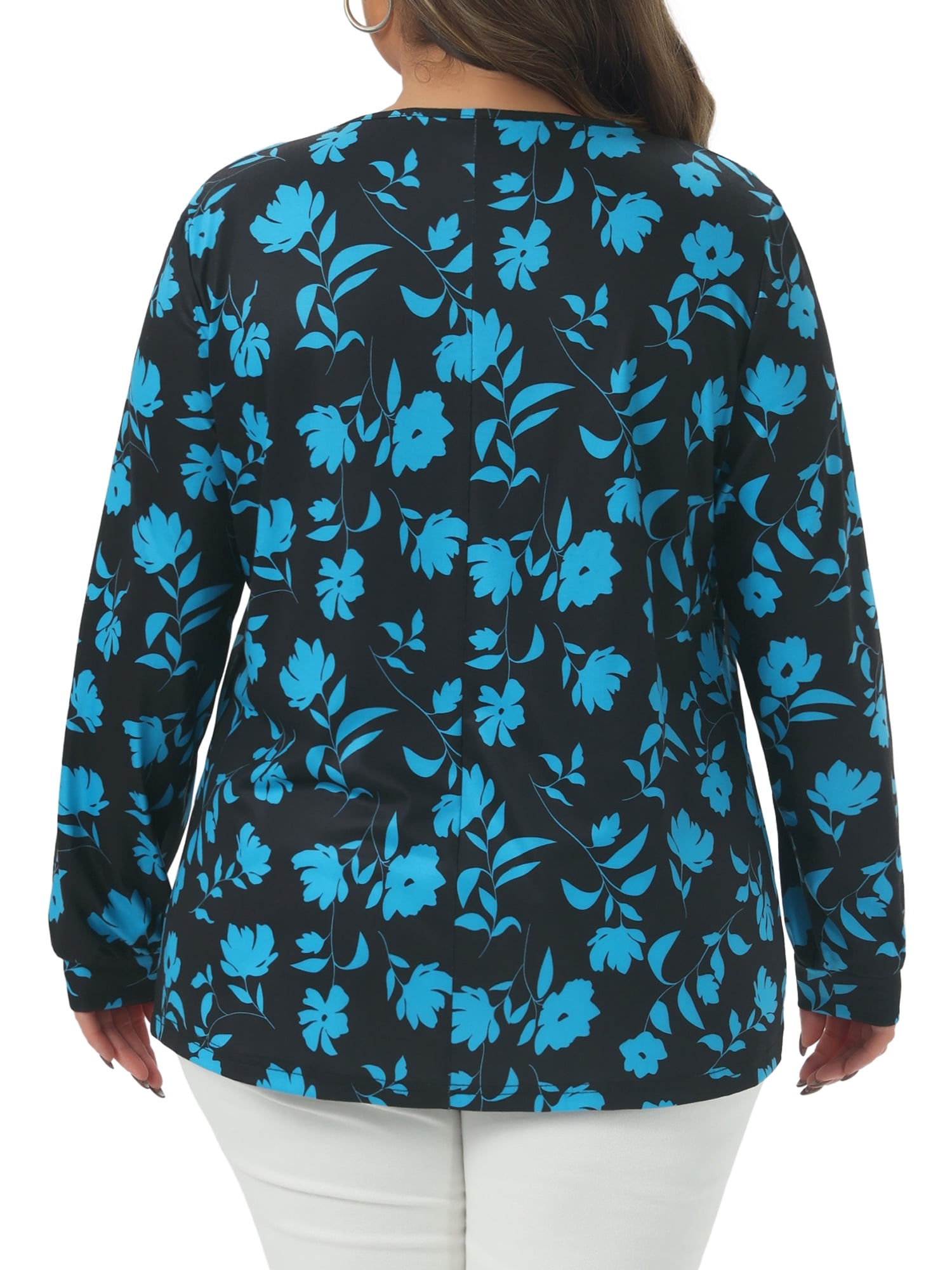 DARING DIVA  Women's Plus Floral Square Neck Blouse 1X Blue
