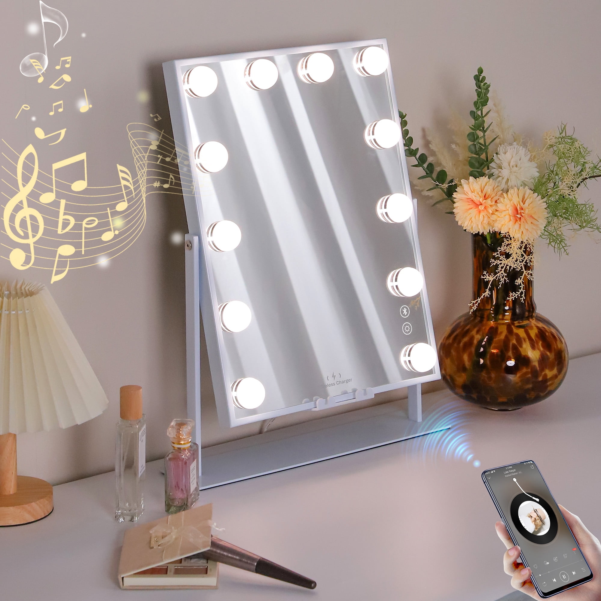 Fenchilin Vanity Makeup Mirror with Lights Bluetooth Wireless Charging Tabletop Metal White