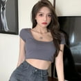 thumbnail image 2 of Womens Summer Basic Short Sleeve Square Neck Crop Top Solid T Shirt Slim Casual Tee Top, 2 of 5