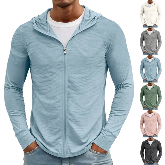 Men's Lightweight Full Zip Hoodie Jacket UPF 50 Sun Protection Long Sleeve Fishing Hiking Performance Shirt for Outdoor Activities Blue M