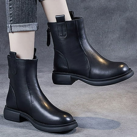 

ERTUTUYI Fashion Women Artificial Leather Solid Color Autumn Square Heels Zipper Mid Booties Round Toe Shoes Black 40