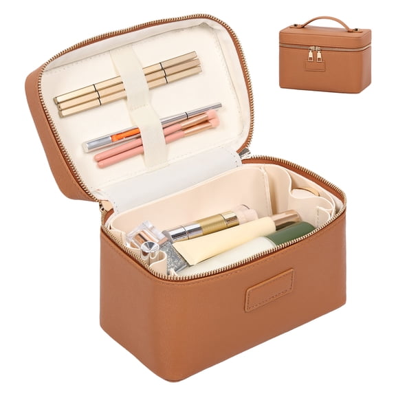 FKSZLL Makeup Bag Vanity Case for Women PU and Polyester Vanity Bag Travel Toiletry Bags Makeup Organizer with Removable Divider for Daily Use (Tan)