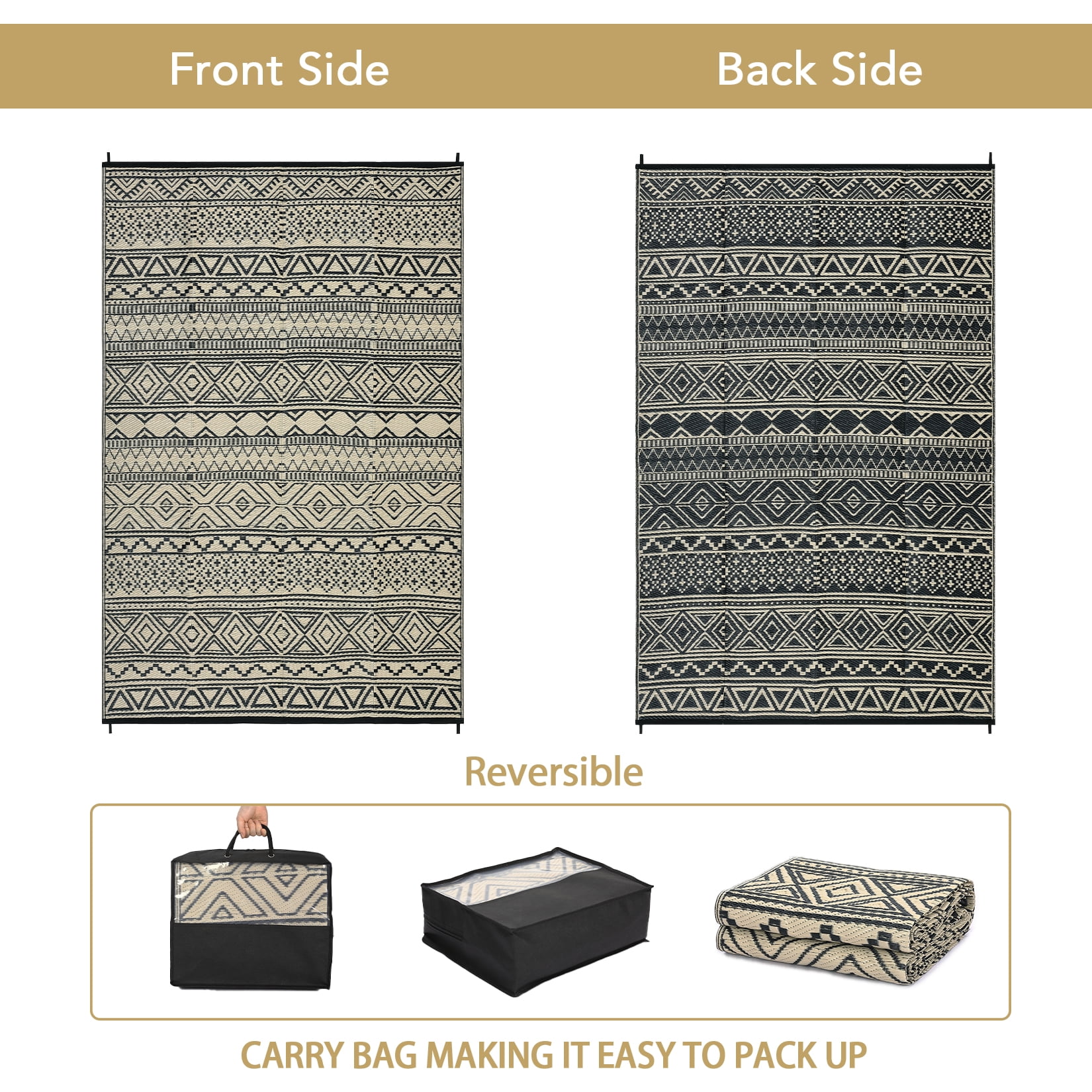 HOMERRY Geometric Outdoor Rug Straw Plastic Area Rug for Balcony Pool RV Waterproof Reversible Carpet, Brown/Black, 5'x 8'