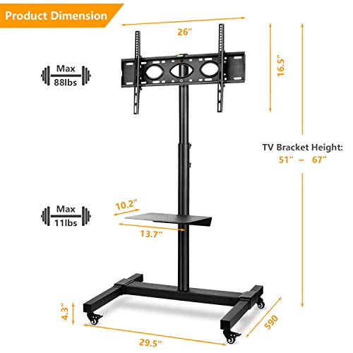 5Rcom Rolling TV Cart Mobile TV Stand with Lockable Casters Wheels and Tempered Glass Shelves for 27-55 inch Flat Screen TVs Portable TV Stand with Swivel Mount,Height Adjustment,Max VESA 400MMx400MM 