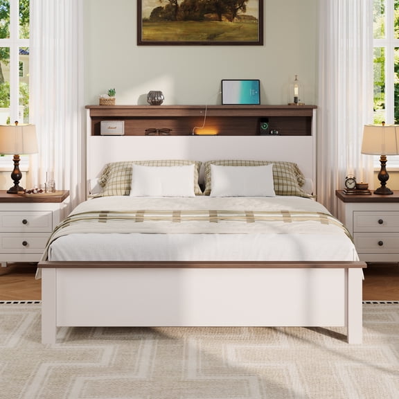 Full Size Bed Frame Wood with Charging Station and LED Light, UHOMEPRO Platform Bed Frame with Storage Headboard, Strong Slats Support, Noise Free, No Box Spring Needed, Easy Assembly White