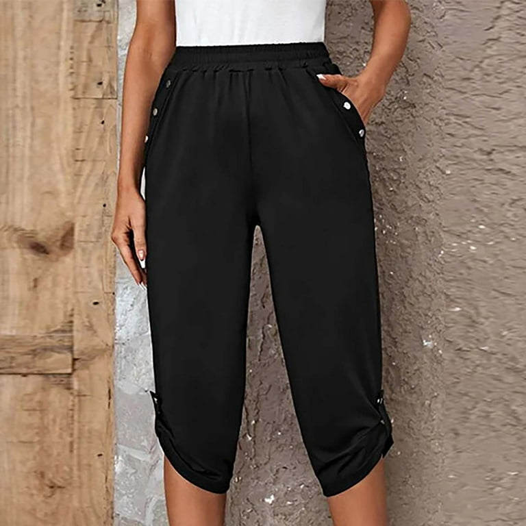 Womens Capri Pants Elastic High Waist Buttons Down Trendy Trousers Summer  Cropped Trackpants with Pockets (Small, Black) 
