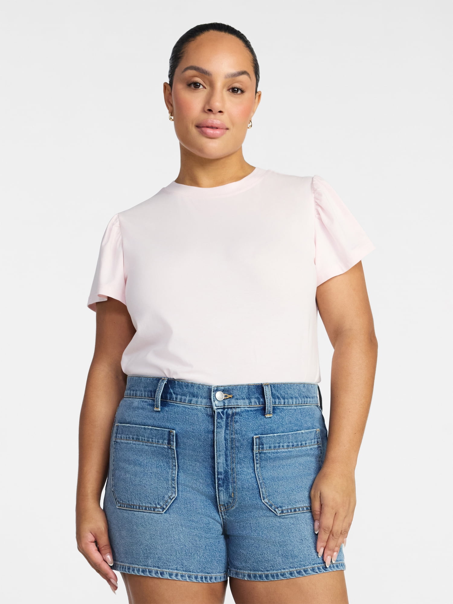 Time and Tru Women's Crewneck Tee with Flutter Sleeves, Sizes XS-XXXL