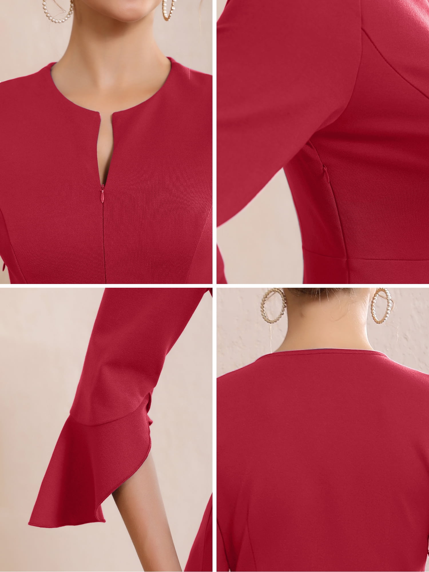 DARING DIVA Women's Zipper Front Bell Sleeves Midi A-Line Dresses 2XL Burgundy