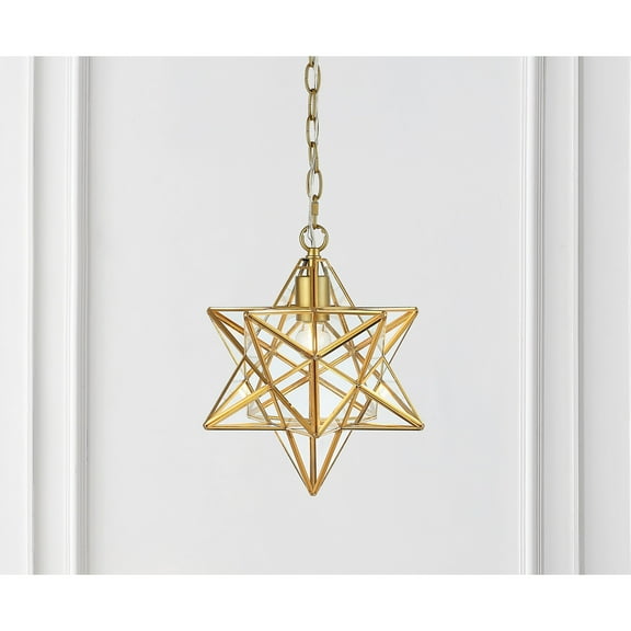 JONATHAN Y Stella 12" Moravian Star Metal/Clear Glass LED Pendant, Gold Leaf/Clear