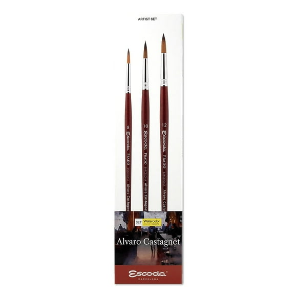 Escoda Signature Series Artist Watercolor and Acrylic Brush Set, Alvaro Castagnet Set #1, Prado Synthetic Sable, Size (Round) 8, 10 & 12
