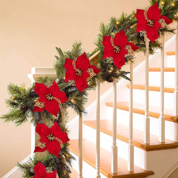 ¡Ofertas 2024! Guirnalda navideña Amvlyk de pino de Norfolk, 20 cm, imitación de terciopelo rojo con polvo dorado, flores navideñas, decoración para árboles de Navidad, accesorios decorativos de