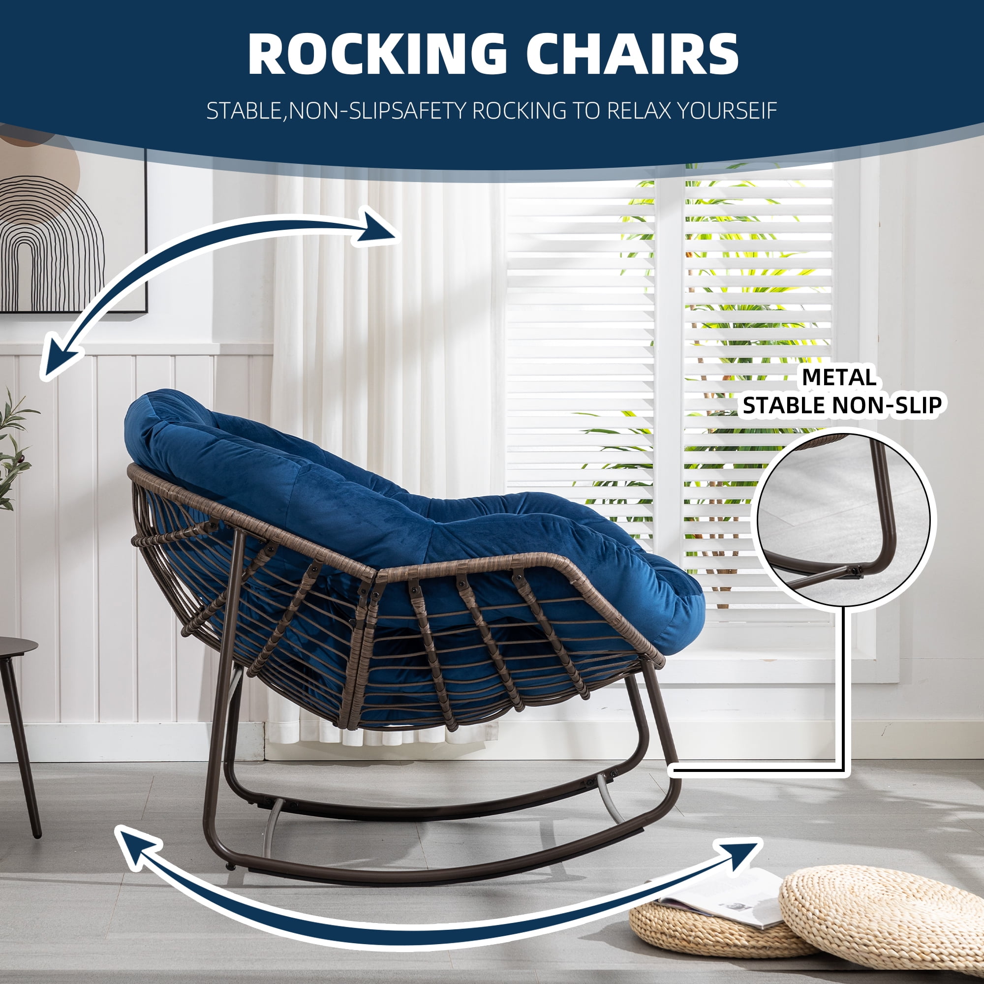 MOONMISS Rattan Rocking Chair, Indoor & Outdoor Comfy Rocker Chair with Thick Cushion, Modern Lounge Chair for Balcony, Porch, Garden, Backyard, Deck, Navy