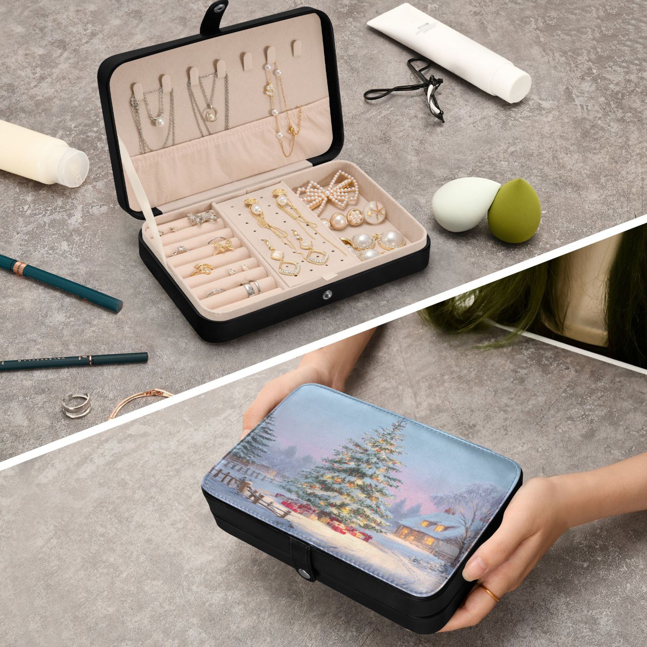 Leather Jewelry Box Rectangular 8.27x5.5x1.78In Travel Jewelry Storage Earrings Necklace Bracelet Watch Brooch Storage Beautiful Christmas