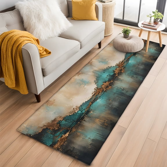 Runner Rug 2 x 6 Ft, Teal Gold Marble Washable Non-Slip Floor Mat for Kitchen Hallway/Entryway, Vintage Abstract Ombre Art Long Kitchen Runner Area Rugs for Living Room, Low-Profile