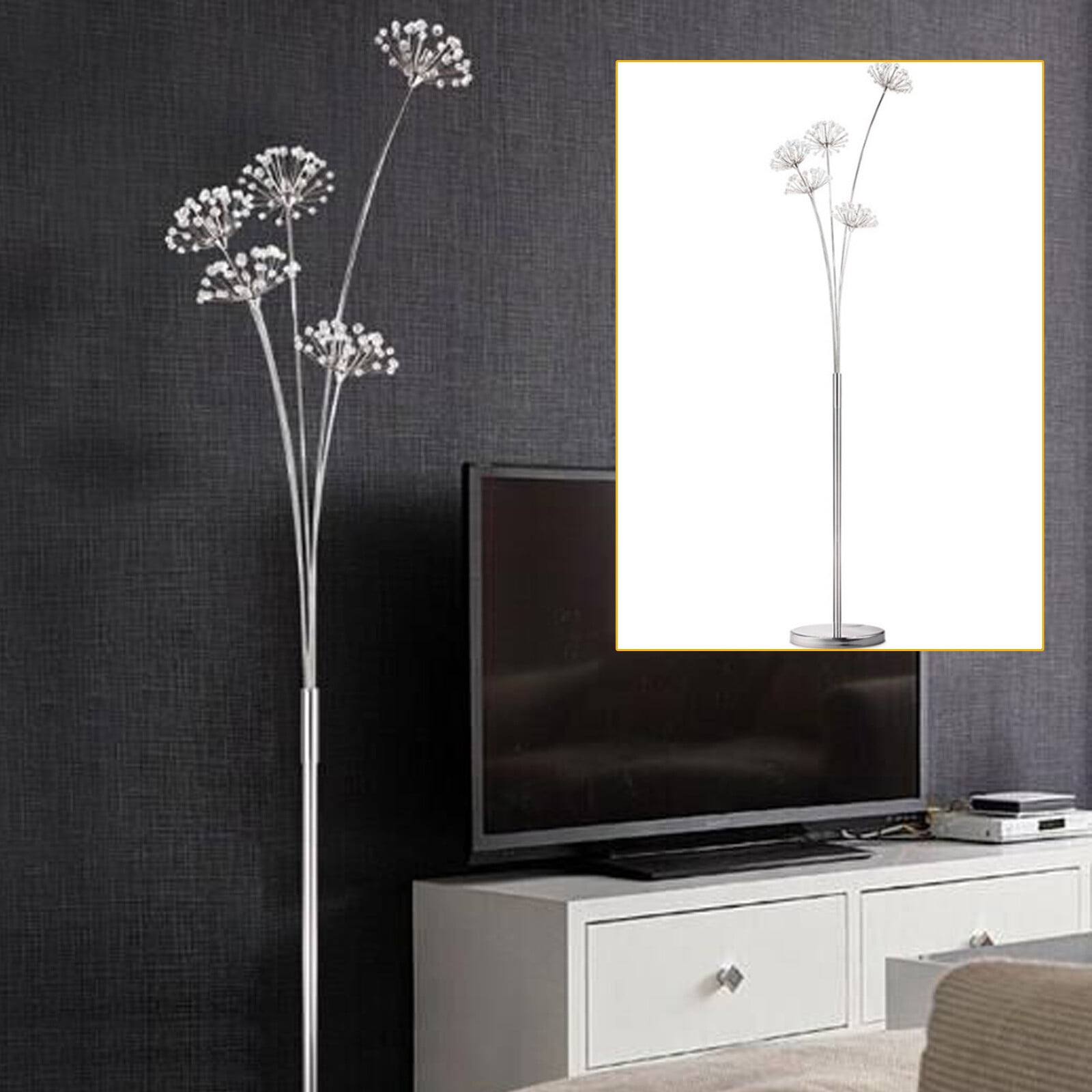 110V Crystal LED Floor Lamp Living Room Lighting Standing Lamp Tall Pole Shade 5 Head for Home, Office