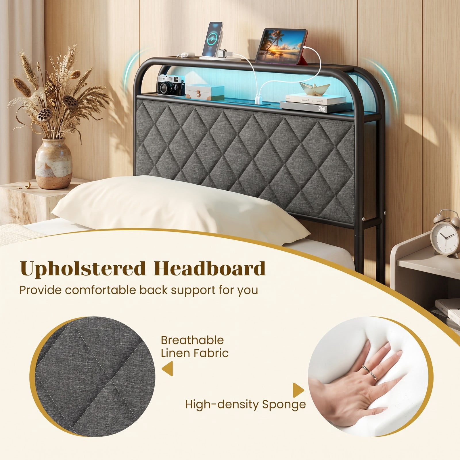 Furnibear Twin Bed Frame Upholstered Platform Bed with Headboard, LED Lights, USB Charging Station and 4 Storage Drawers, Gray