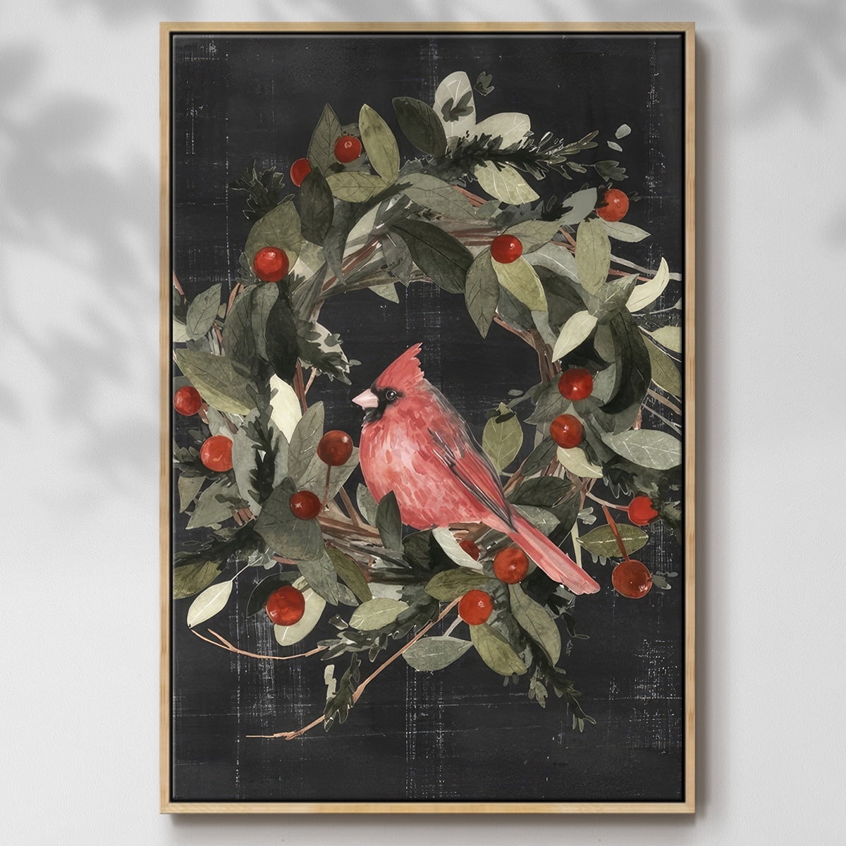 Christmas Cardinal I - Framed Gallery Wrapped Holiday Canvas - 25 x 37 - Natural Wood Frame