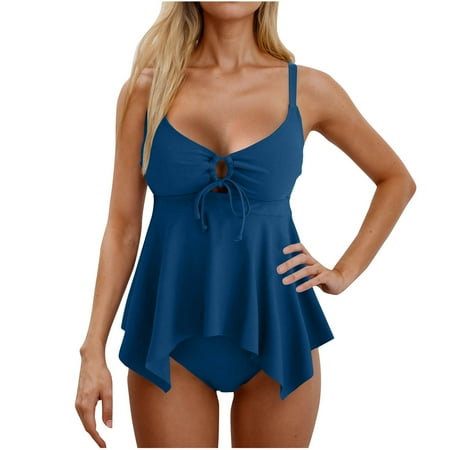 OSFVNOXV Two-Piece Modest Swimsuits for Women Seamless Comfort Ruffle Tankini Top with Soft Padded Adjustable Straps Bathing Suit Swimwear Beachwear Bottom