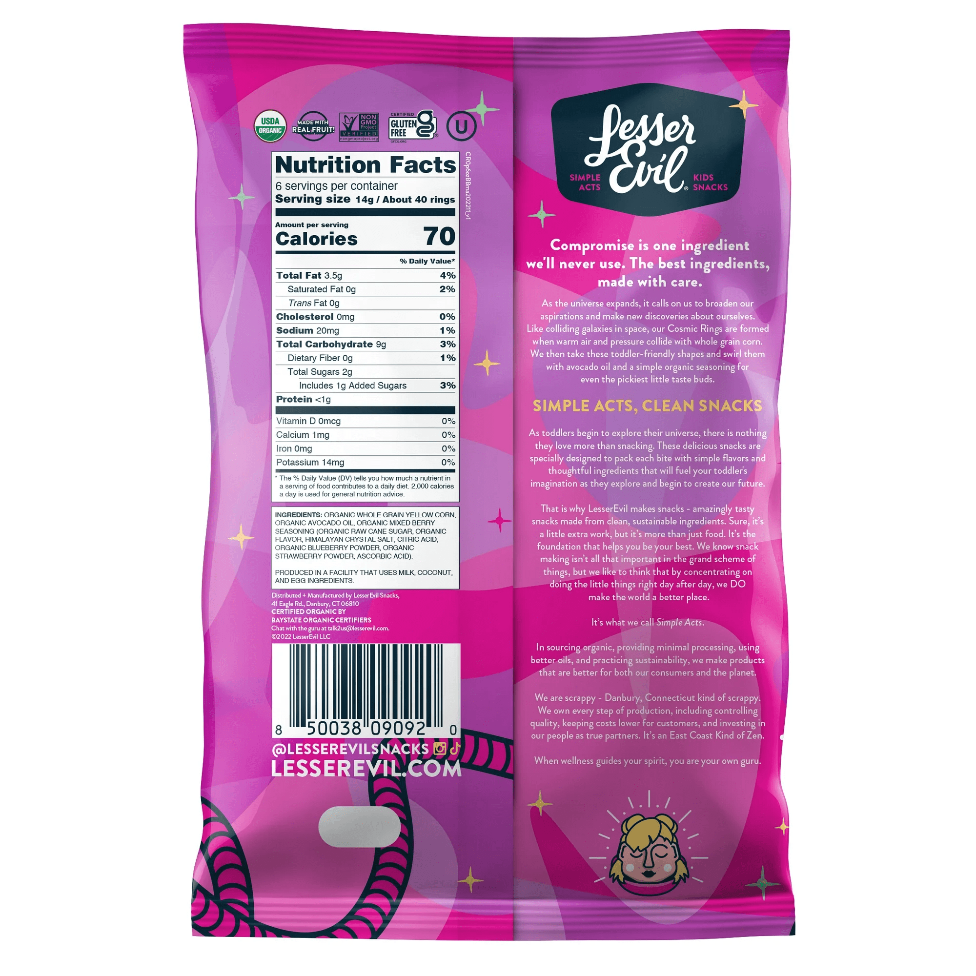 LesserEvil Air-Puffed Cosmic Rings Berry Blast Toddler Snacks with Avocado Oil, 3 oz