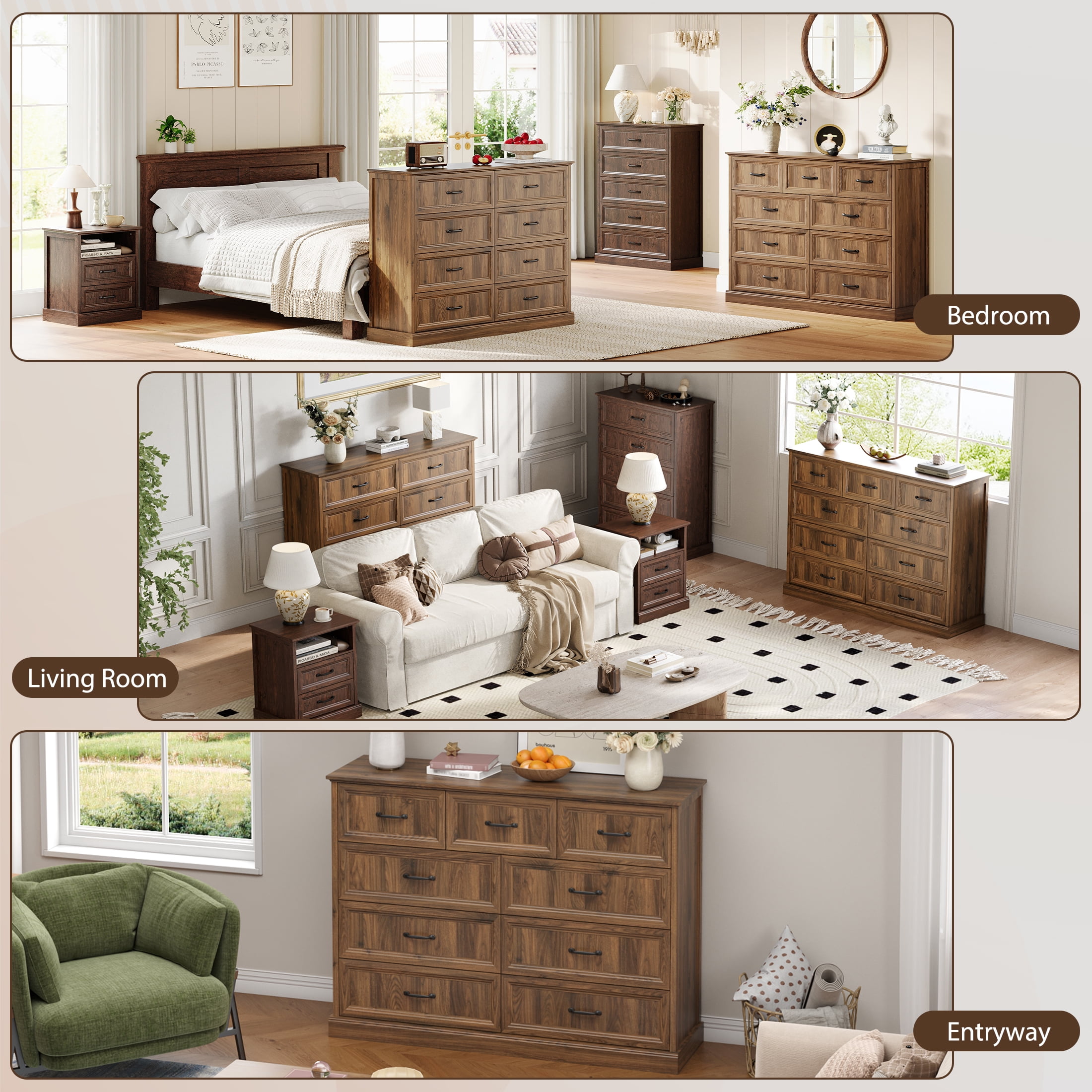 YouTrend Rustic 9-Drawer Wood Dresser, Large Storage Chest Organizer with Metal Handles for Bedroom, Living Room, Farmhouse Style Furniture,Brown
