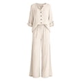 thumbnail image 4 of Women's Two Piece Set, Long Sleeve Button Down Shirt and Elastic Waist Wide Leg Pants, Matching Linen Blend Resort Wear, Beach Cover Up and Loungewear Set for Women-White, 4 of 4