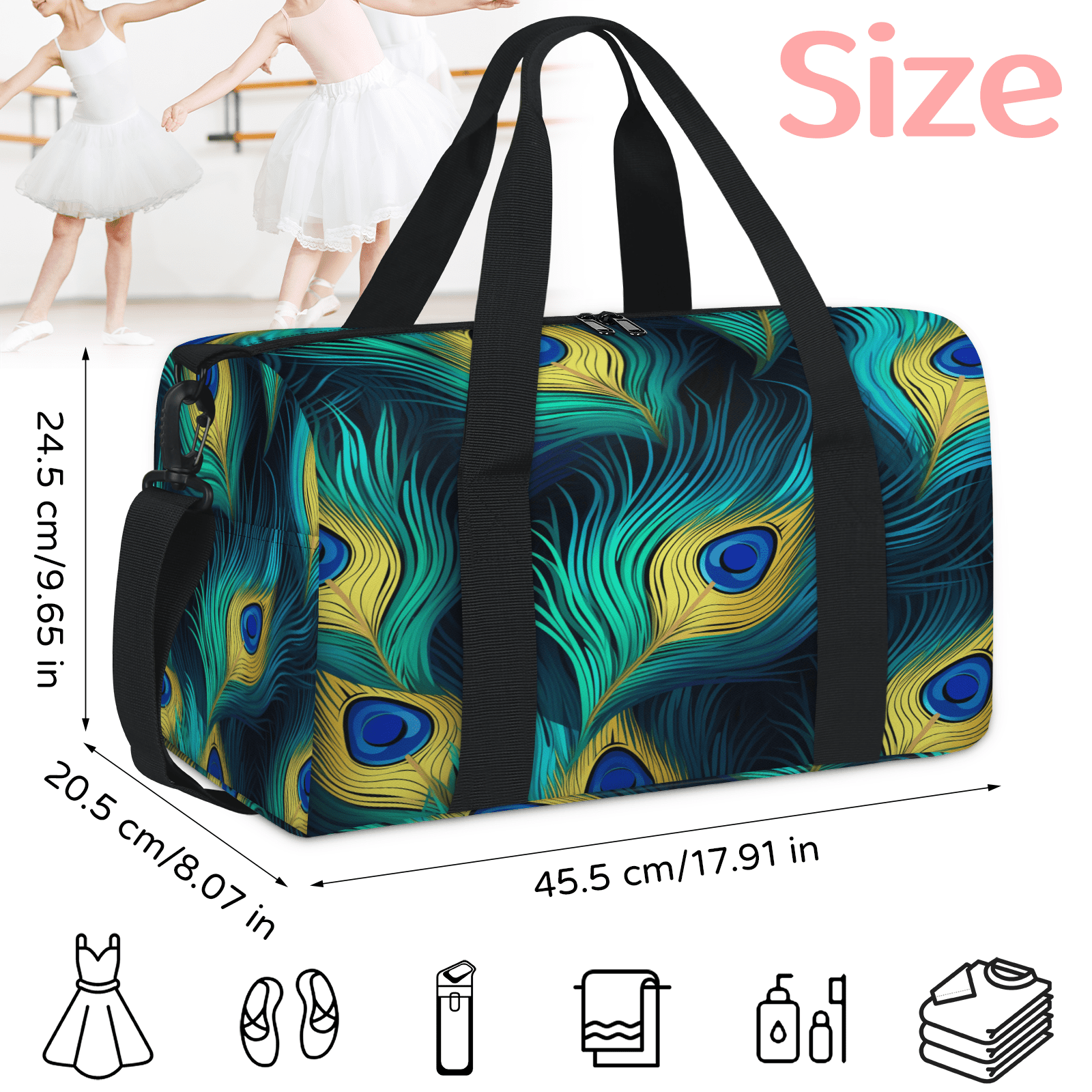 Herdesigns Peacock Bird Feathers Travel Duffle Bag Sports Yoga Weekender Overnight Carry on Workout Bags Lightweight Waterproof Gym Tote Bag for Women